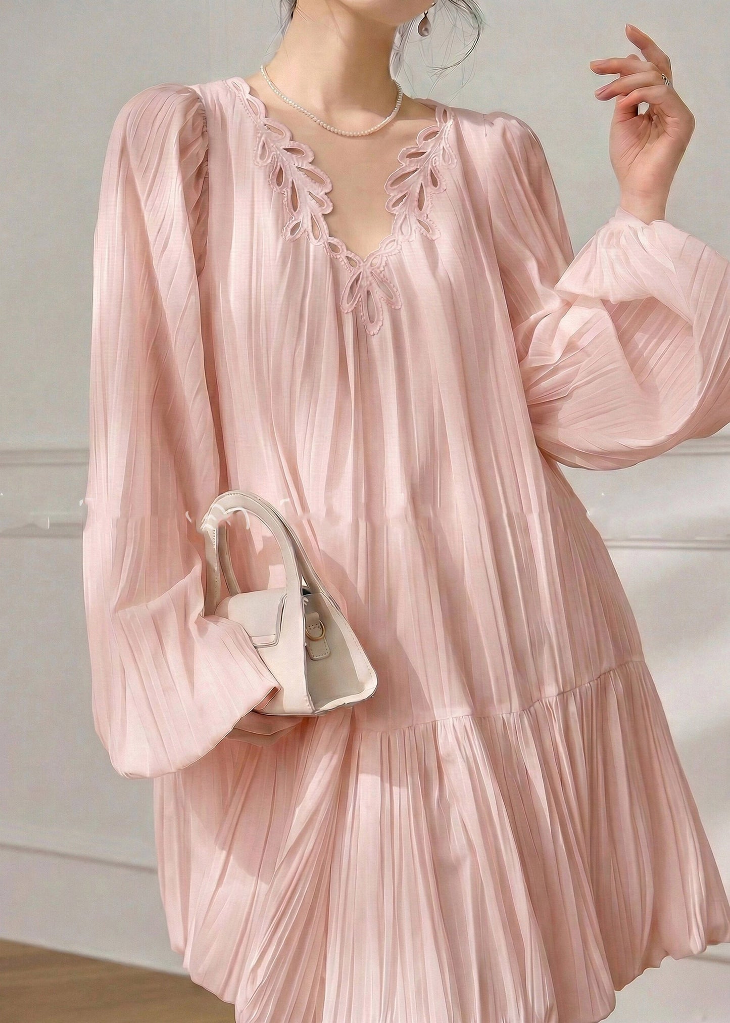 Cute Pink V Neck Solid Mid Dress Spring