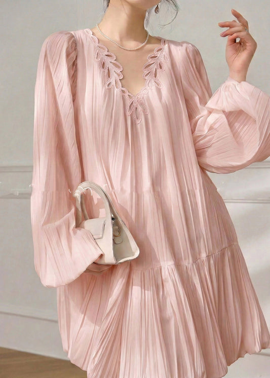 Cute Pink V Neck Solid Mid Dress Spring