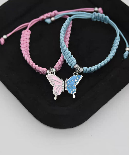 Cute Pink Weave Alloy Butterfly Adjustable A Pair Charm Bracelet
