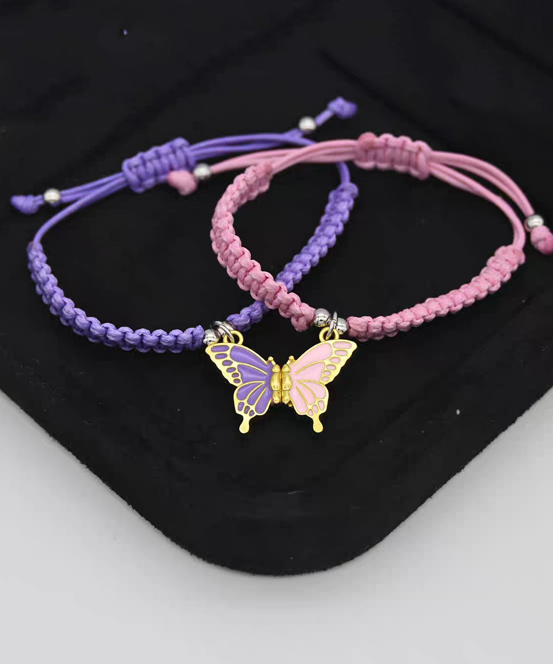 Cute Pink Weave Alloy Butterfly Adjustable A Pair Charm Bracelet