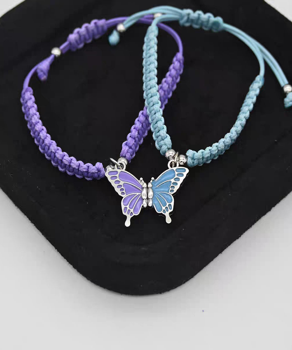 Cute Pink Weave Alloy Butterfly Adjustable A Pair Charm Bracelet