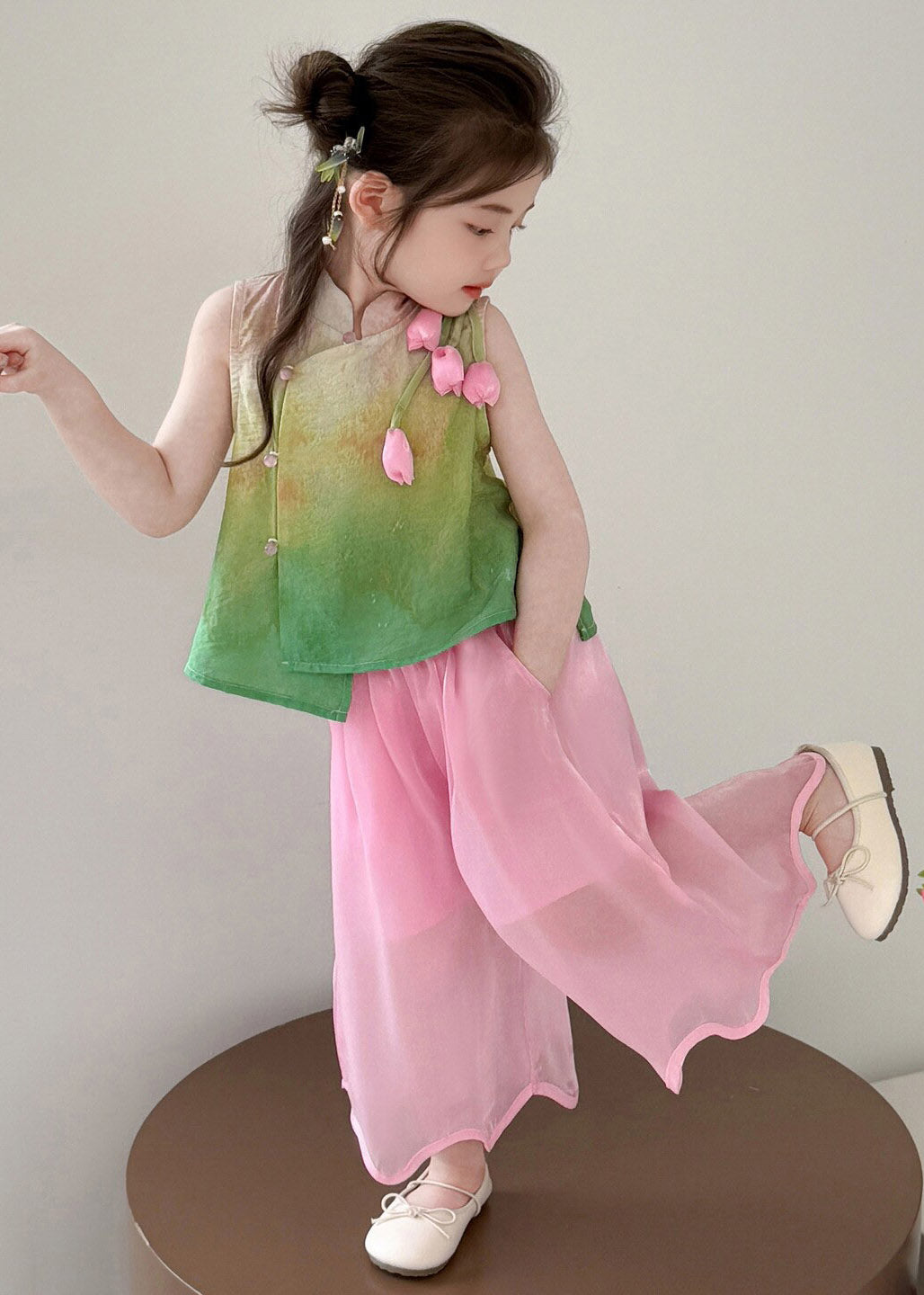 Cute Print Stand Collar Tulip Kids Top And Wide Leg Pants Two Piece Set Summer