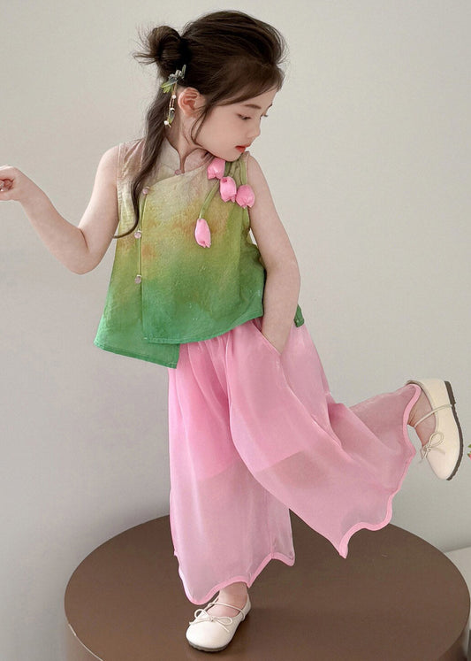 Cute Print Stand Collar Tulip Kids Top And Wide Leg Pants Two Piece Set Summer