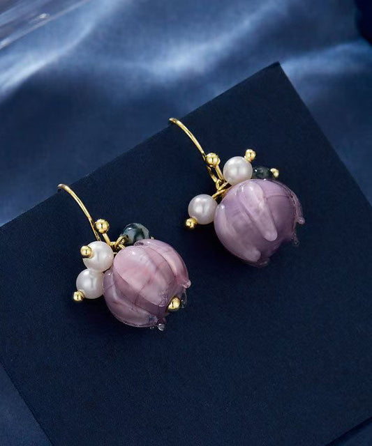 Cute Purple Alloy Pearl Colored Glaze Floral Drop Earrings