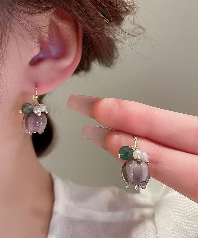 Cute Purple Alloy Pearl Colored Glaze Floral Drop Earrings