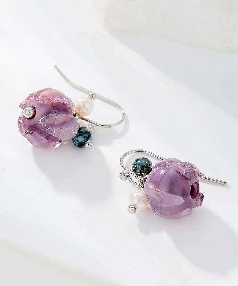 Cute Purple Alloy Pearl Colored Glaze Floral Drop Earrings