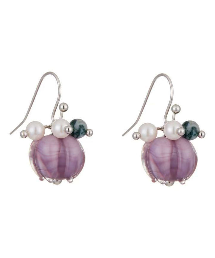 Cute Purple Alloy Pearl Colored Glaze Floral Drop Earrings