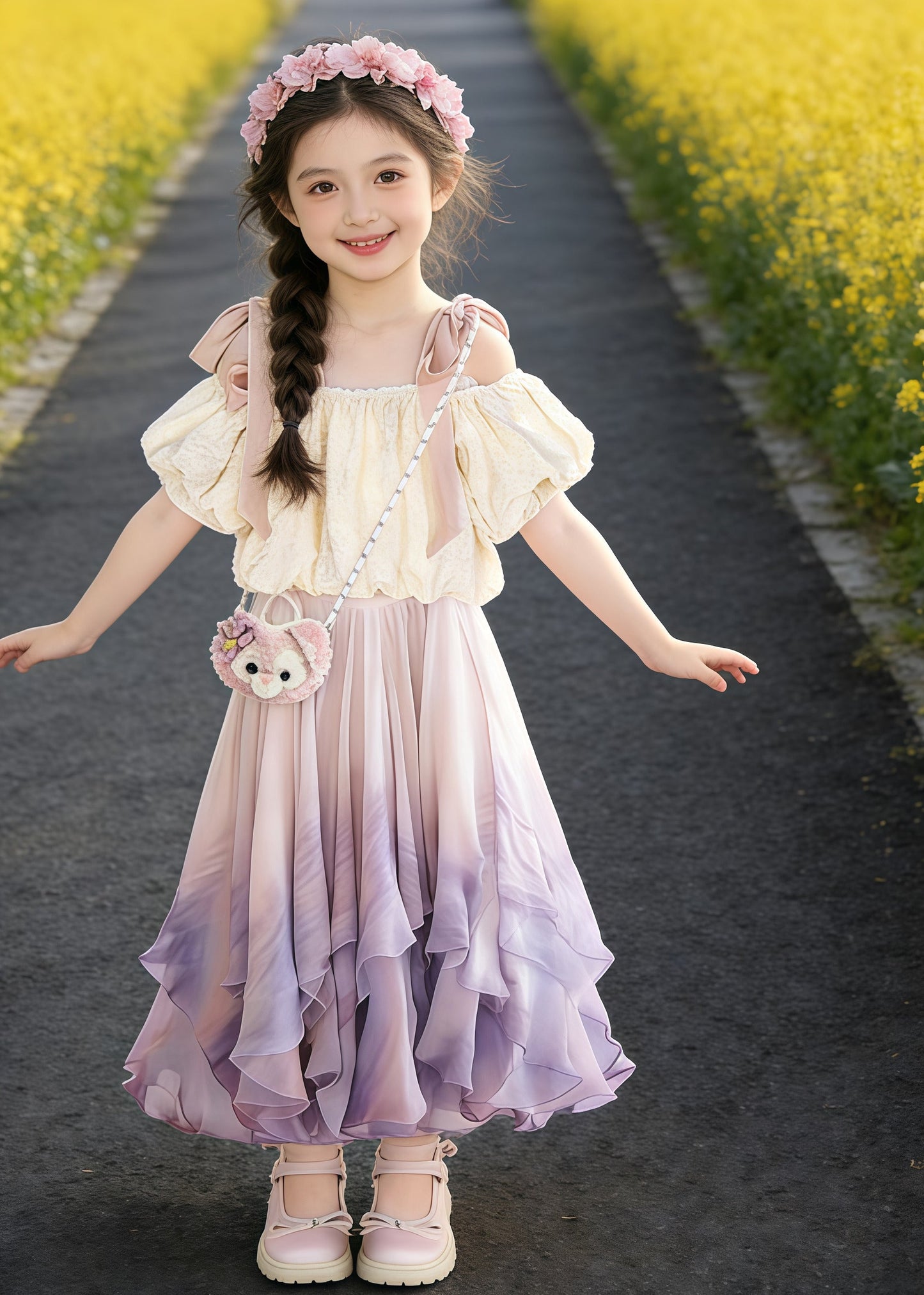 Cute Purple Cold Shoulder Tie Dye Cotton Baby Girls Two Pieces Set Summer