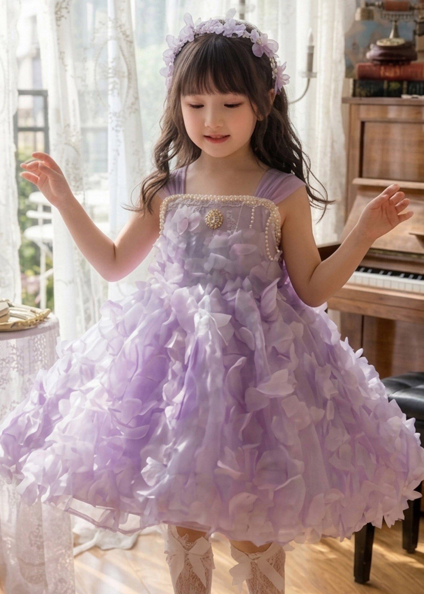 Cute Purple Nail Bead Tulle Girls Long Dress Summer