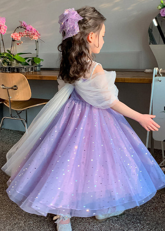 Cute Purple O-Neck Bow Tulle Girls Long Dresses Sleeveless