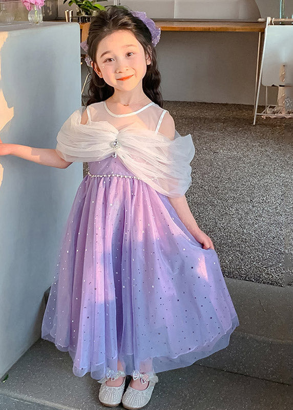 Cute Purple O-Neck Bow Tulle Girls Long Dresses Sleeveless