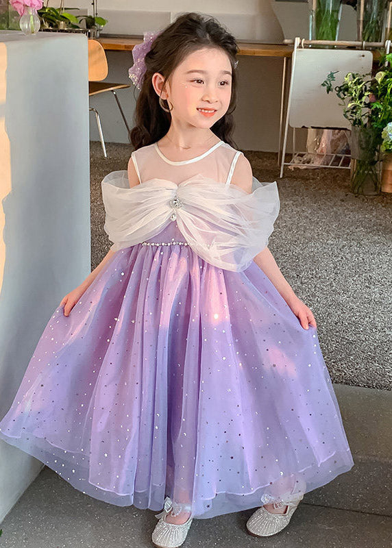Cute Purple O-Neck Bow Tulle Girls Long Dresses Sleeveless