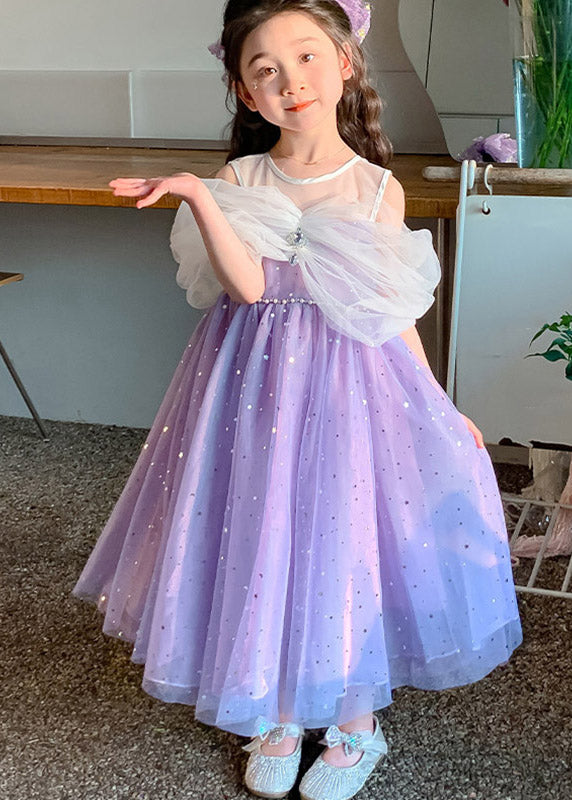 Cute Purple O-Neck Bow Tulle Girls Long Dresses Sleeveless