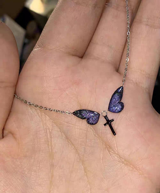 Cute Purple Silver Alloy Zircon Butterfly Cross Pendant Necklace
