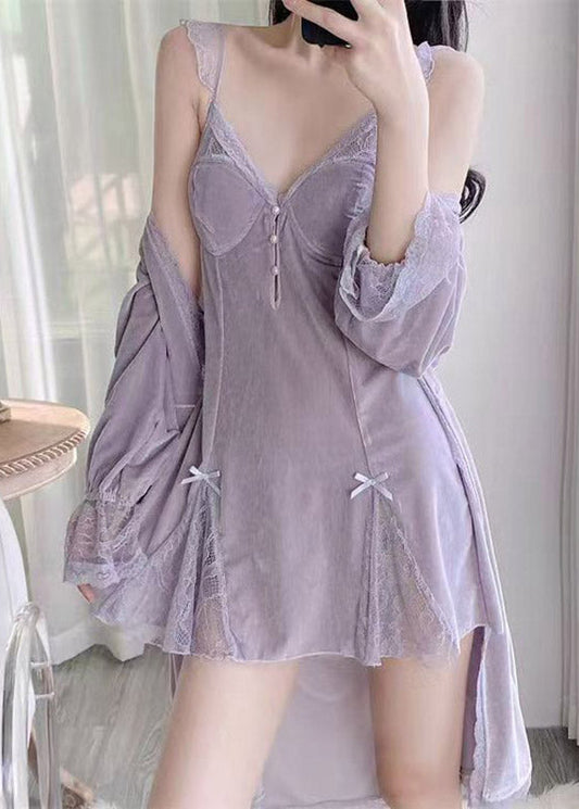 Cute Purple V Neck Patchwork Silk Velour Blended Cardigans And Slips Lingerie Sets