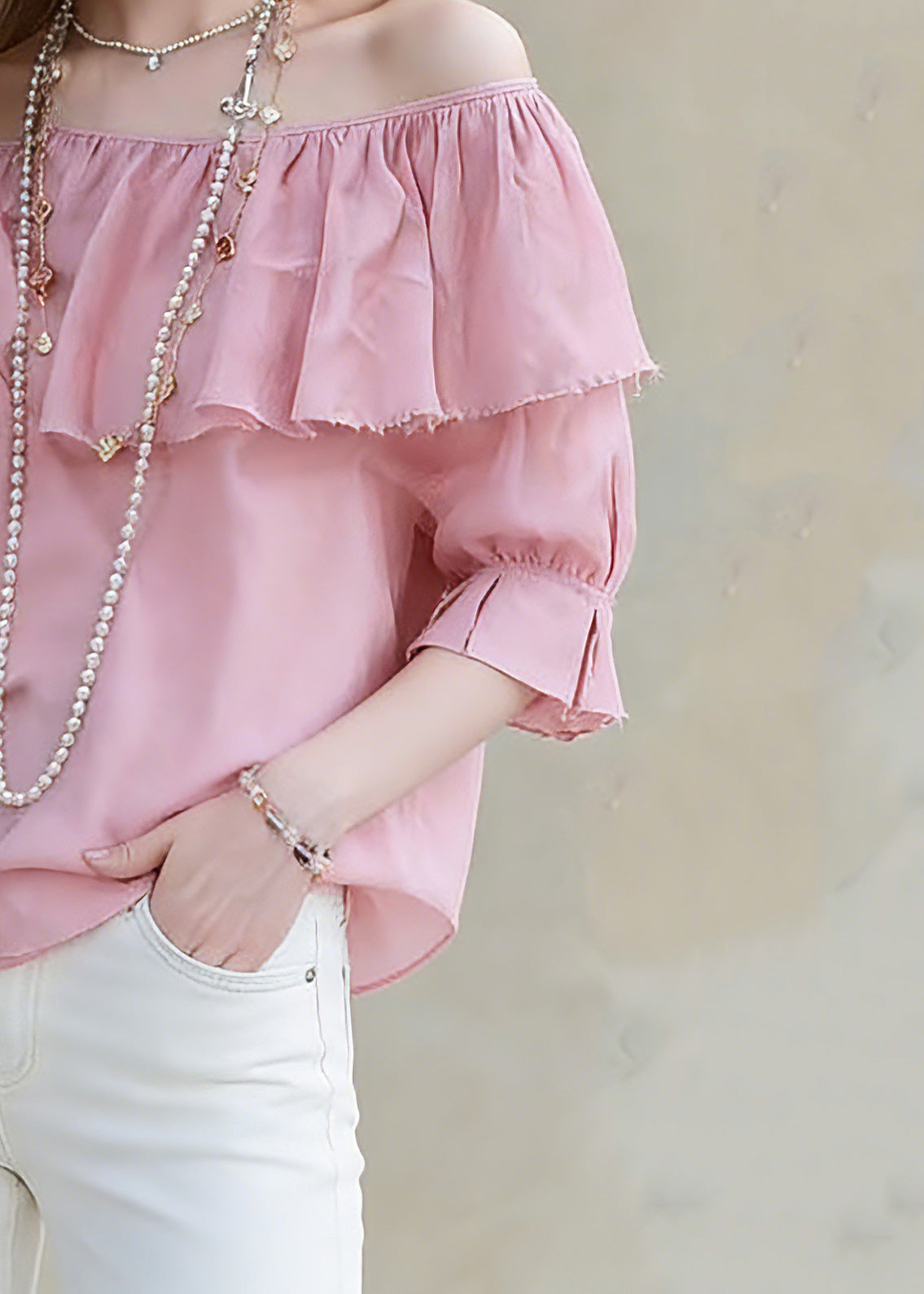 Cute Red Slash Neck Ruffled Patchwork Solid Top Half Sleeve