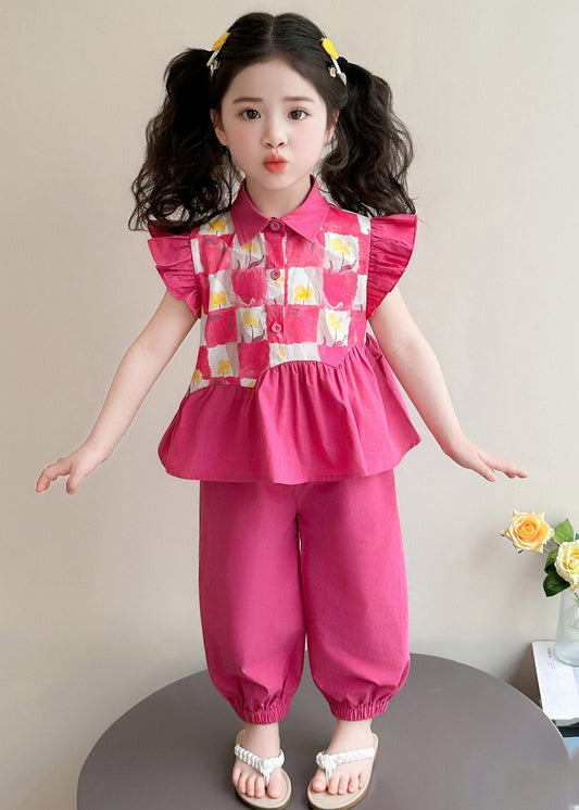 Cute Red Wrinkled Patchwork Kids Vest And Lantern Pants Two Pieces Set Short Sleeve