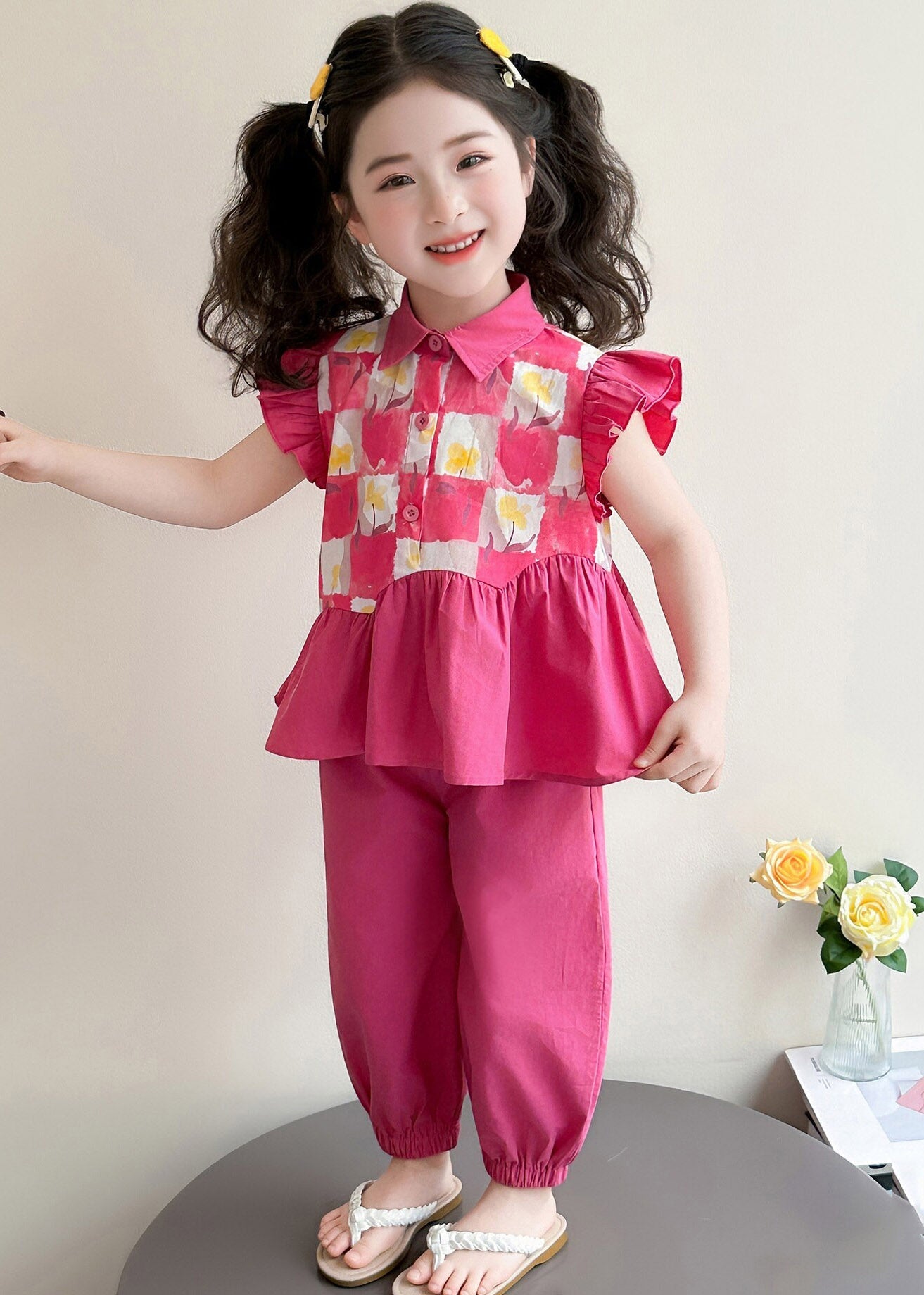 Cute Red Wrinkled Patchwork Kids Vest And Lantern Pants Two Pieces Set Short Sleeve