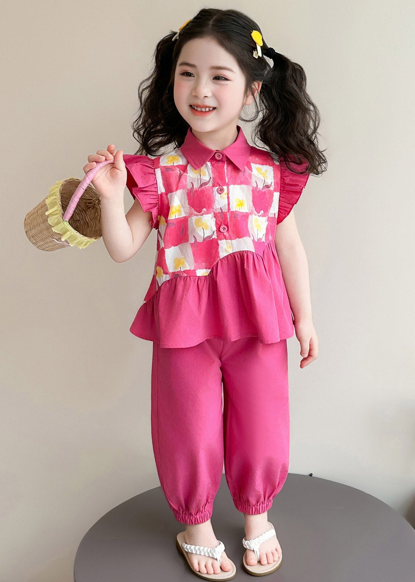 Cute Red Wrinkled Patchwork Kids Vest And Lantern Pants Two Pieces Set Short Sleeve