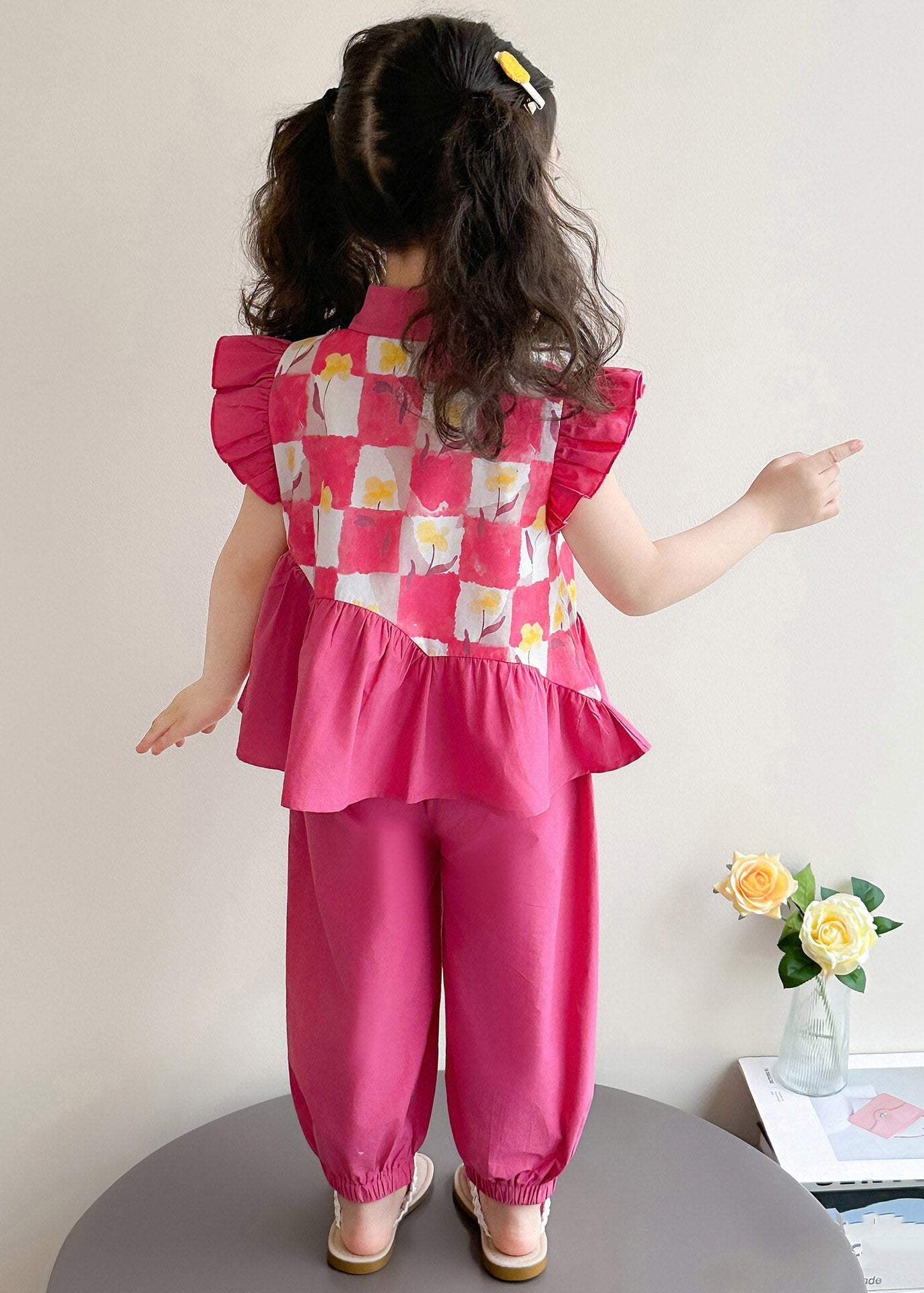 Cute Red Wrinkled Patchwork Kids Vest And Lantern Pants Two Pieces Set Short Sleeve