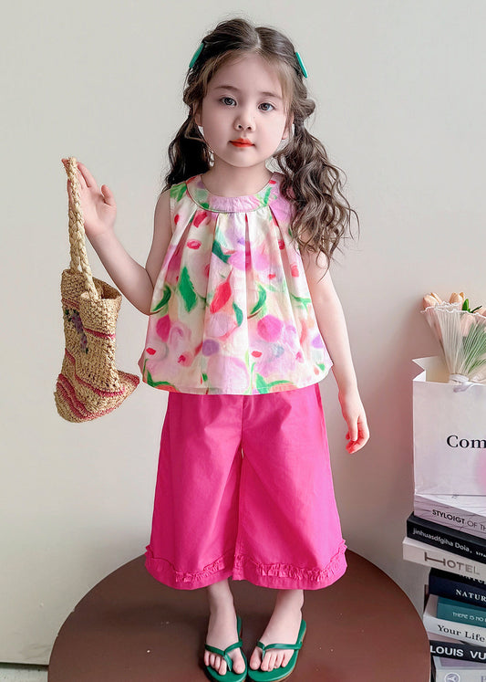 Cute Rose Print Back Bow Cotton Baby Girls Two Pieces Set Summer