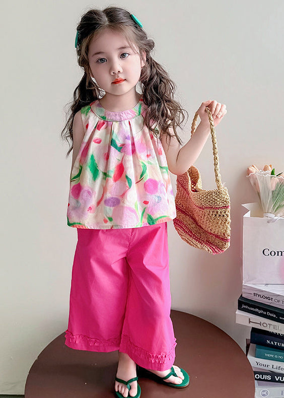 Cute Rose Print Back Bow Cotton Baby Girls Two Pieces Set Summer