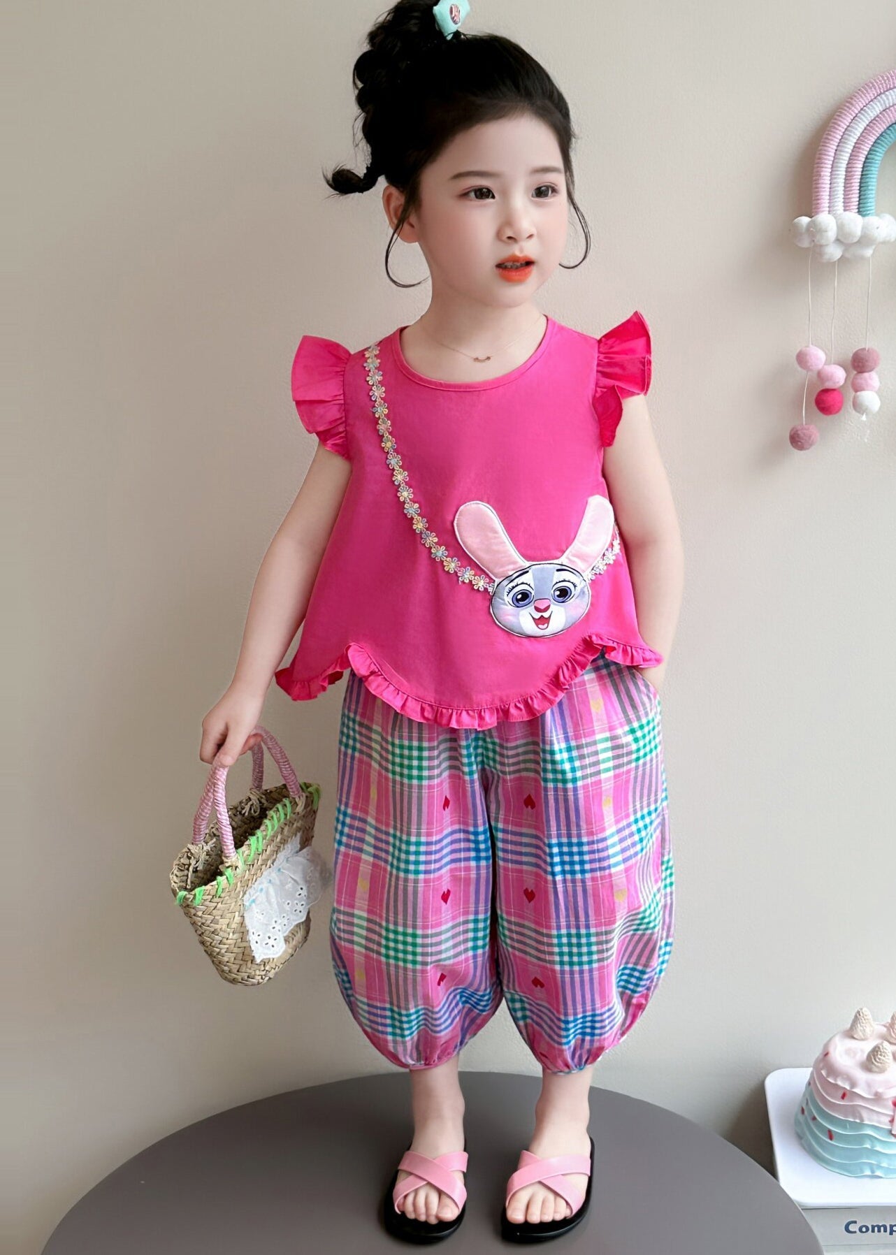 Cute Rose Ruffled Rabbit Cotton Baby Girls Two Pieces Set Summer