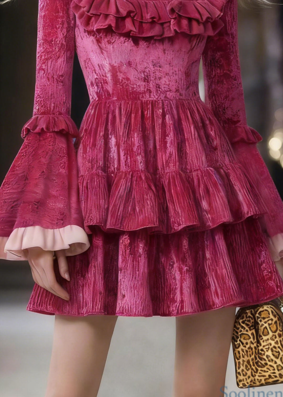 Cute Rose Square Collar Ruffled Patchwork Mini Dresses Flare Sleeve
