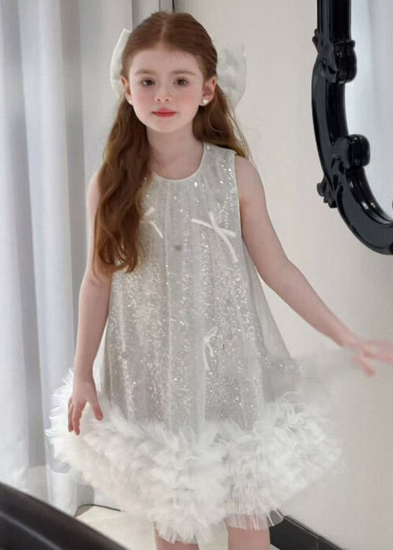 Cute Silver O-Neck Sequins Tulle Kids Holiday Maxi Dress Sleeveless