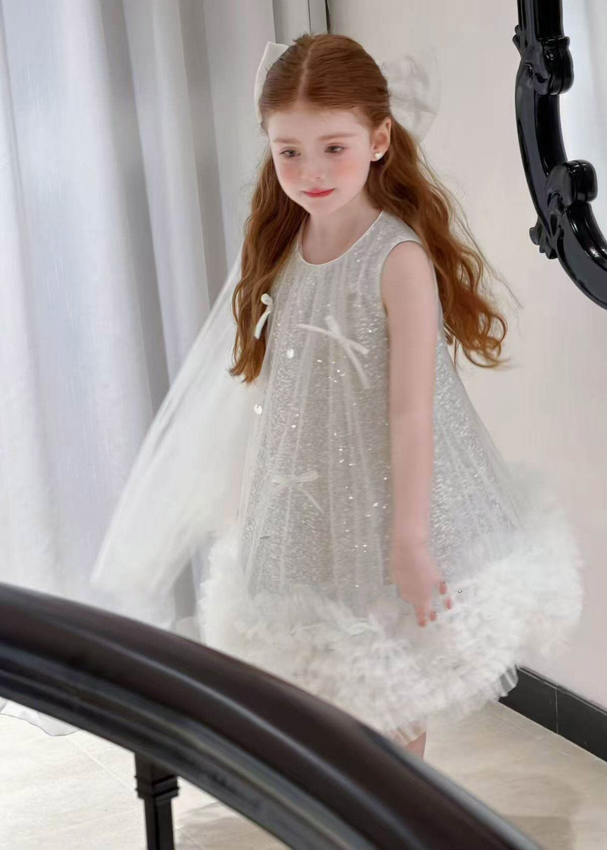 Cute Silver O-Neck Sequins Tulle Kids Holiday Maxi Dress Sleeveless
