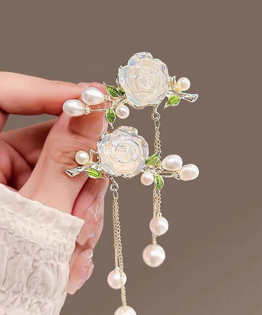 Cute White Alloy Colored Glaze Camellia Pearl Tassel A Pair Hairpin