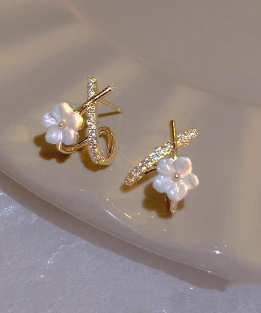 Cute White Copper Ovegild Zircon Cross Floral Stud Earrings