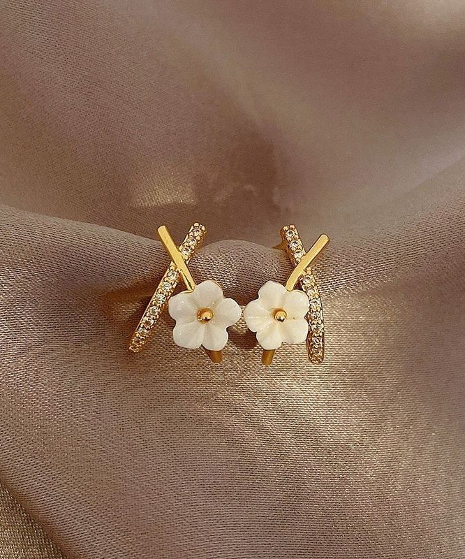 Cute White Copper Ovegild Zircon Cross Floral Stud Earrings