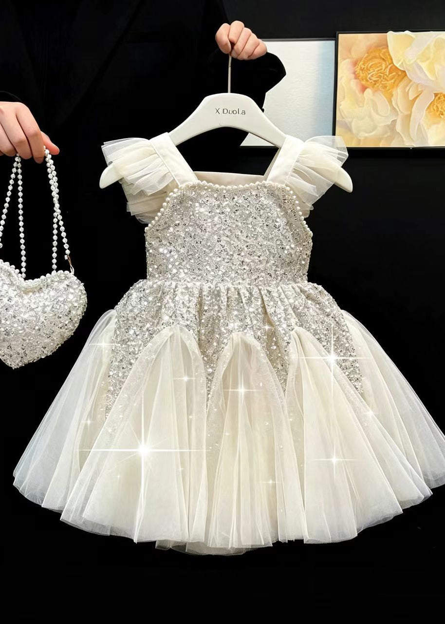Cute White Sequins Patchwork Tulle Kids Girls Dress Summer