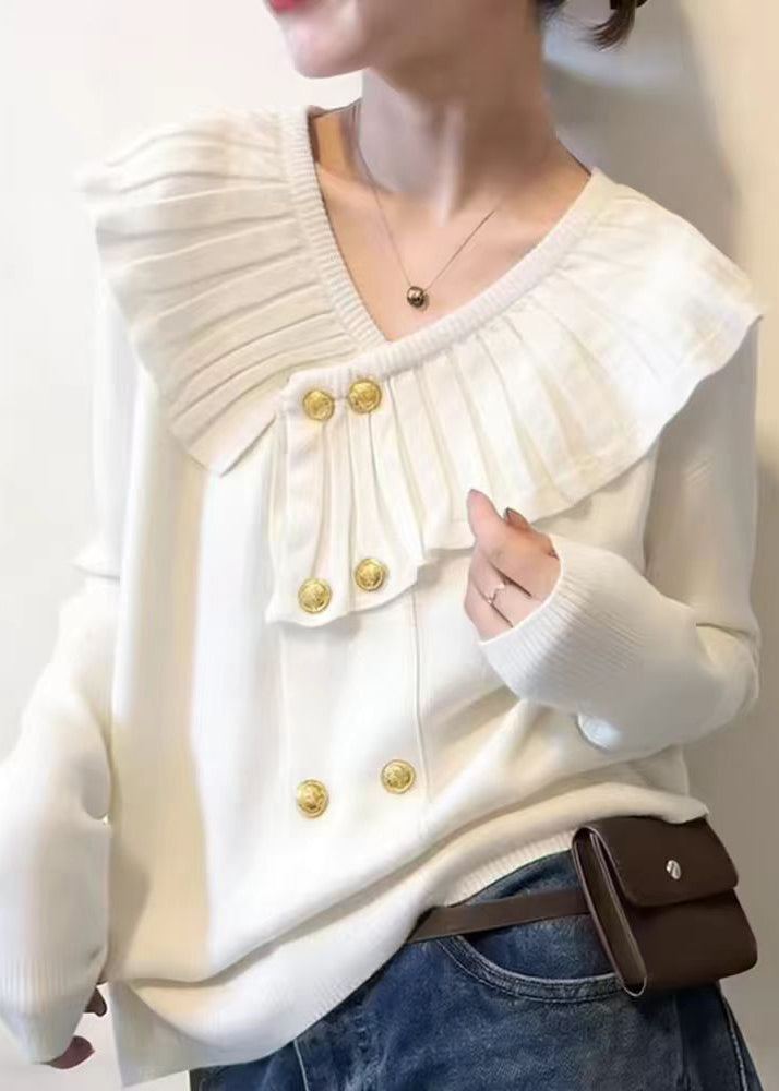 Cute White V Neck Cotton Knit Sweater Spring