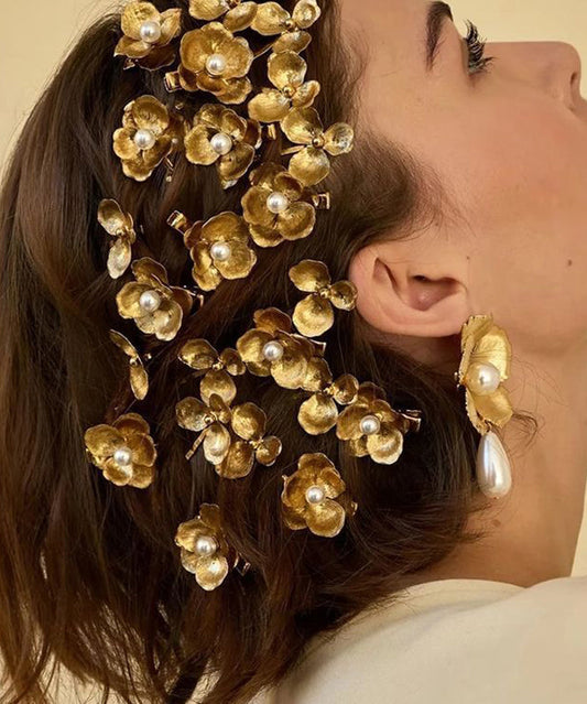 Cute Yellow Alloy Pearl Floral Four Sets Hairpin