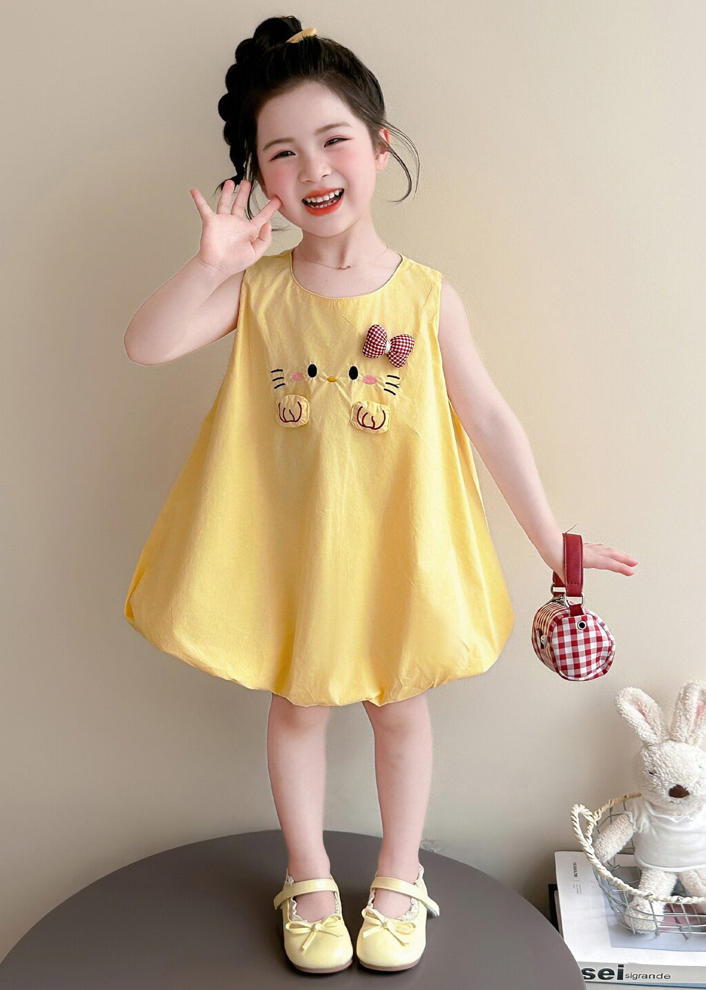 Cute Yellow Cat Embroideried Cotton Baby Girls Dress Summer