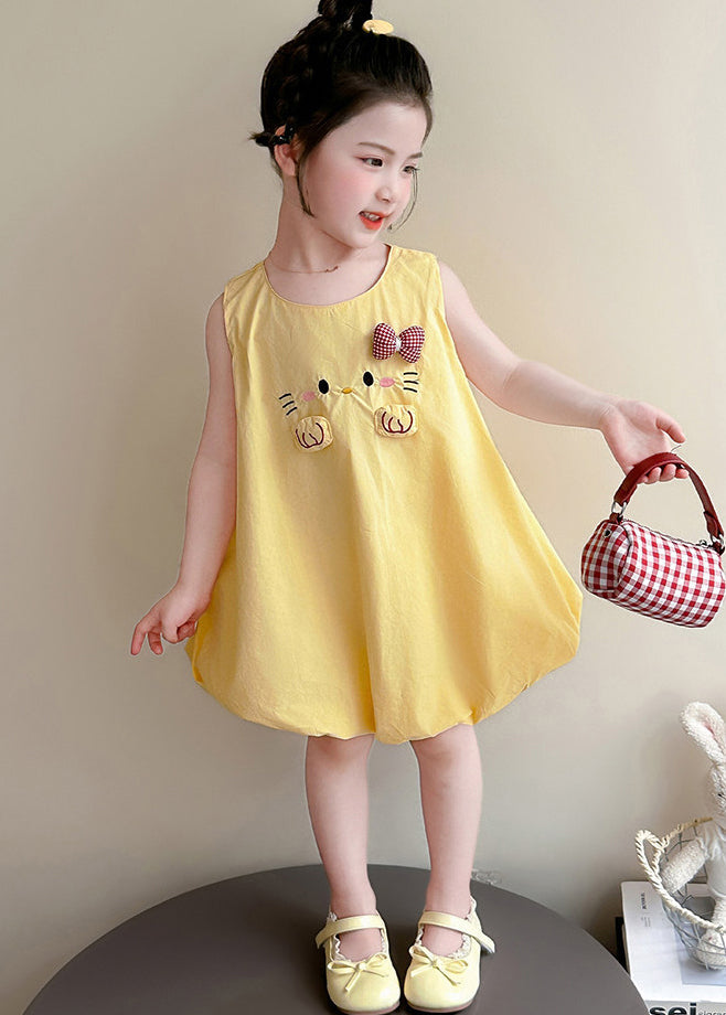 Cute Yellow Cat Embroideried Cotton Baby Girls Dress Summer