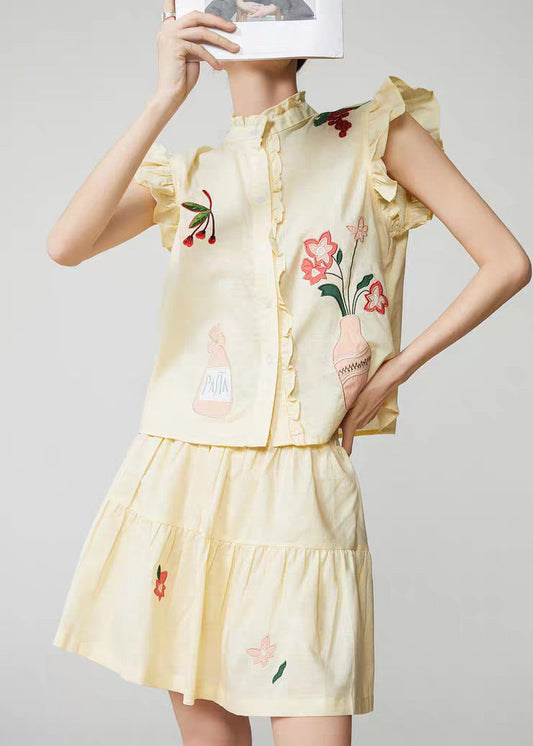 Cute Yellow Embroidered Top And Skirts Two Pieces Set Sleeveless