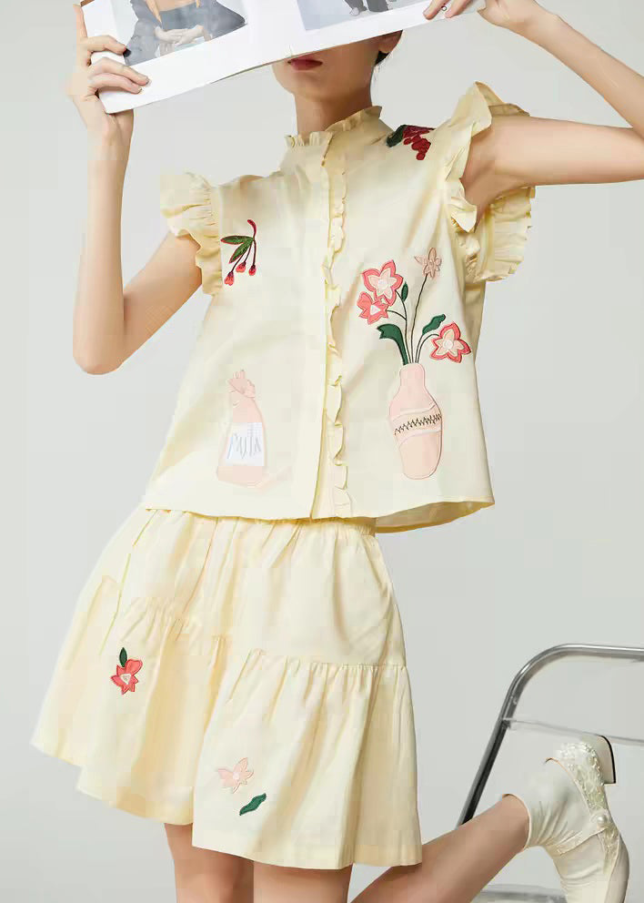 Cute Yellow Embroidered Top And Skirts Two Pieces Set Sleeveless