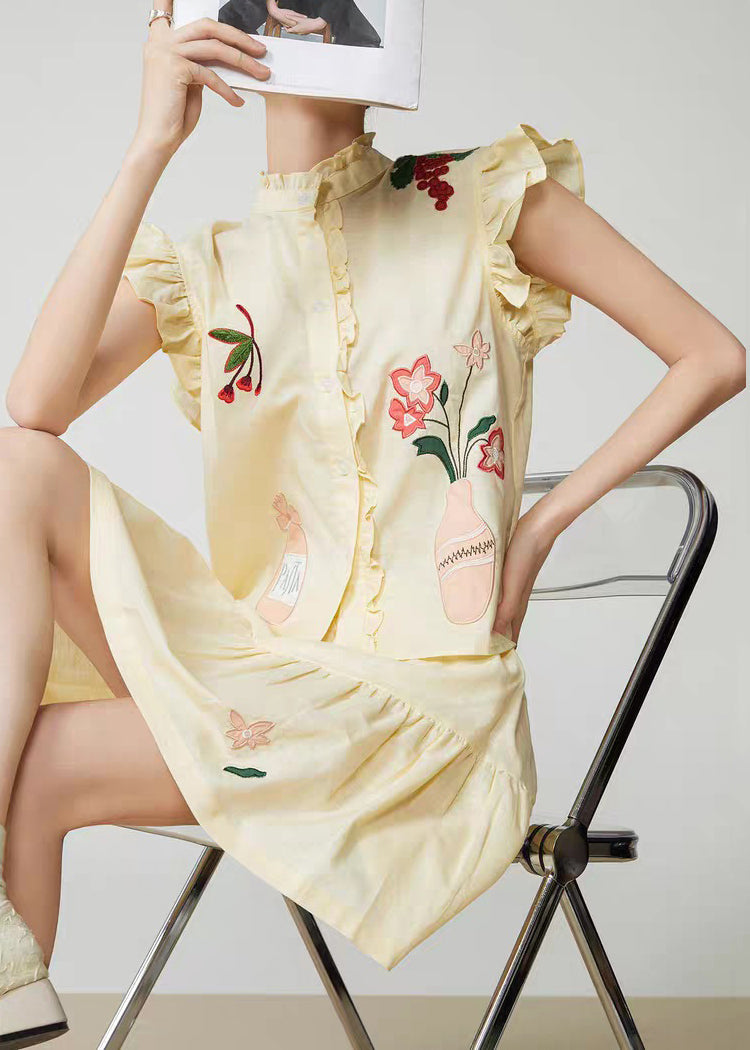 Cute Yellow Embroidered Top And Skirts Two Pieces Set Sleeveless