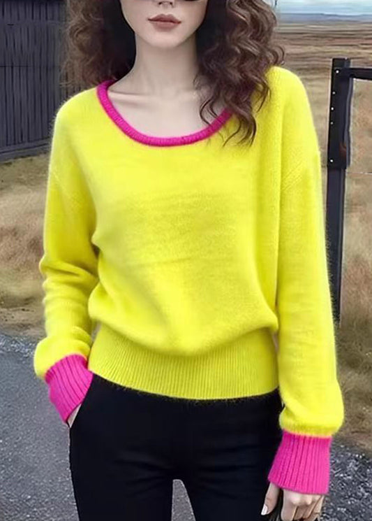 Cute Yellow O-Neck Patchwork Cotton Knit Sweater Spring