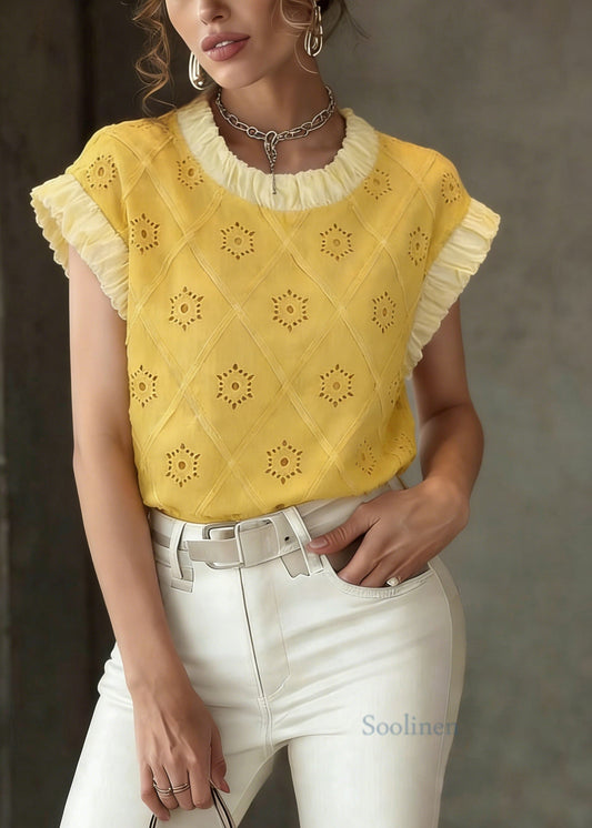Cute Yellow Patchwork Hollow Out T Shirt Summer