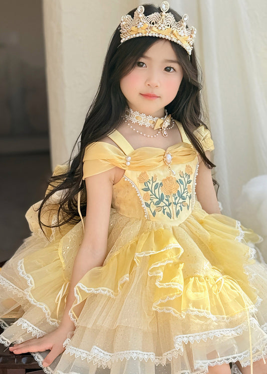 Cute Yellow Print Nail Bead Tulle Kids Maxi Dresses Summer