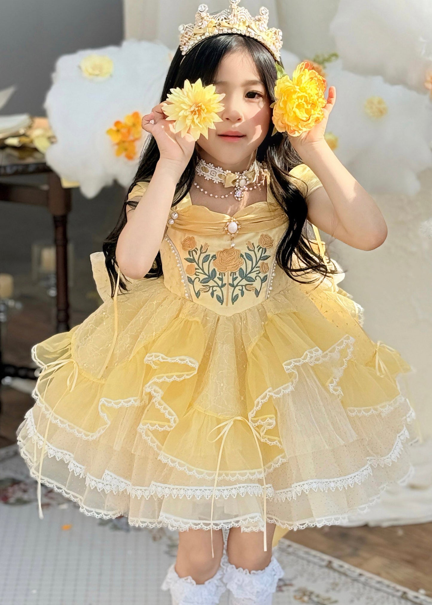 Cute Yellow Print Nail Bead Tulle Kids Maxi Dresses Summer