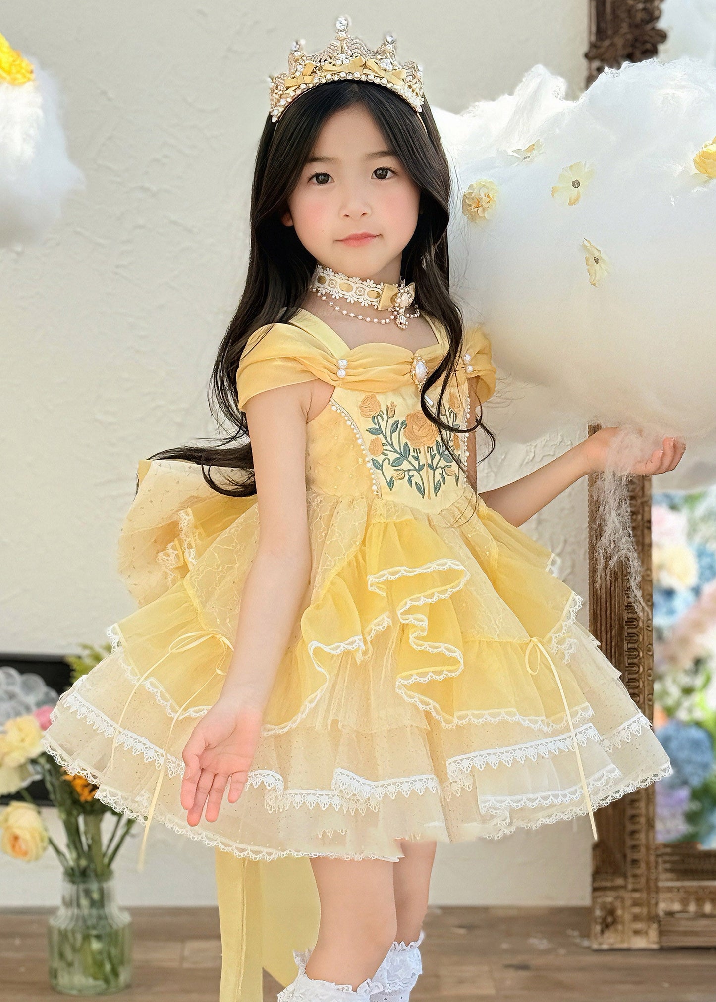 Cute Yellow Print Nail Bead Tulle Kids Maxi Dresses Summer