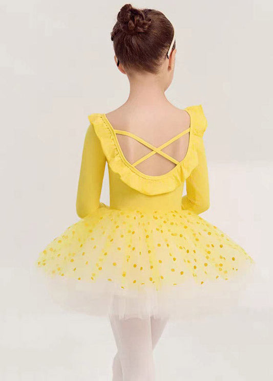 Cute Yellow Ruffled Patchwork Girls Dance Costume Two Pieces Set Spring