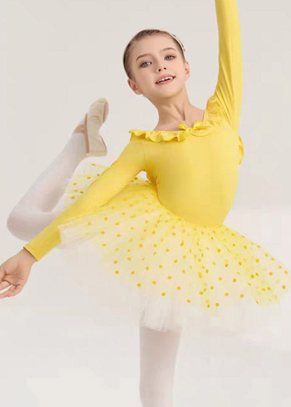 Cute Yellow Ruffled Patchwork Girls Dance Costume Two Pieces Set Spring