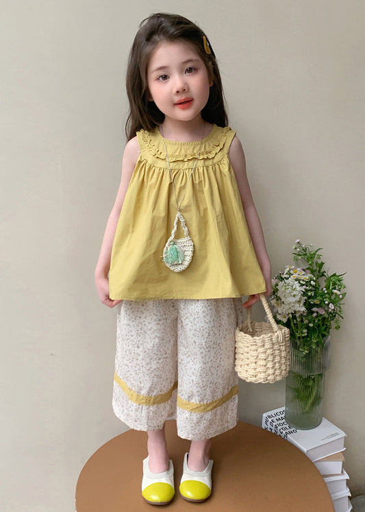 Cute Yellow Ruffled Print Cotton Kids Girls Two Piece Set Summer