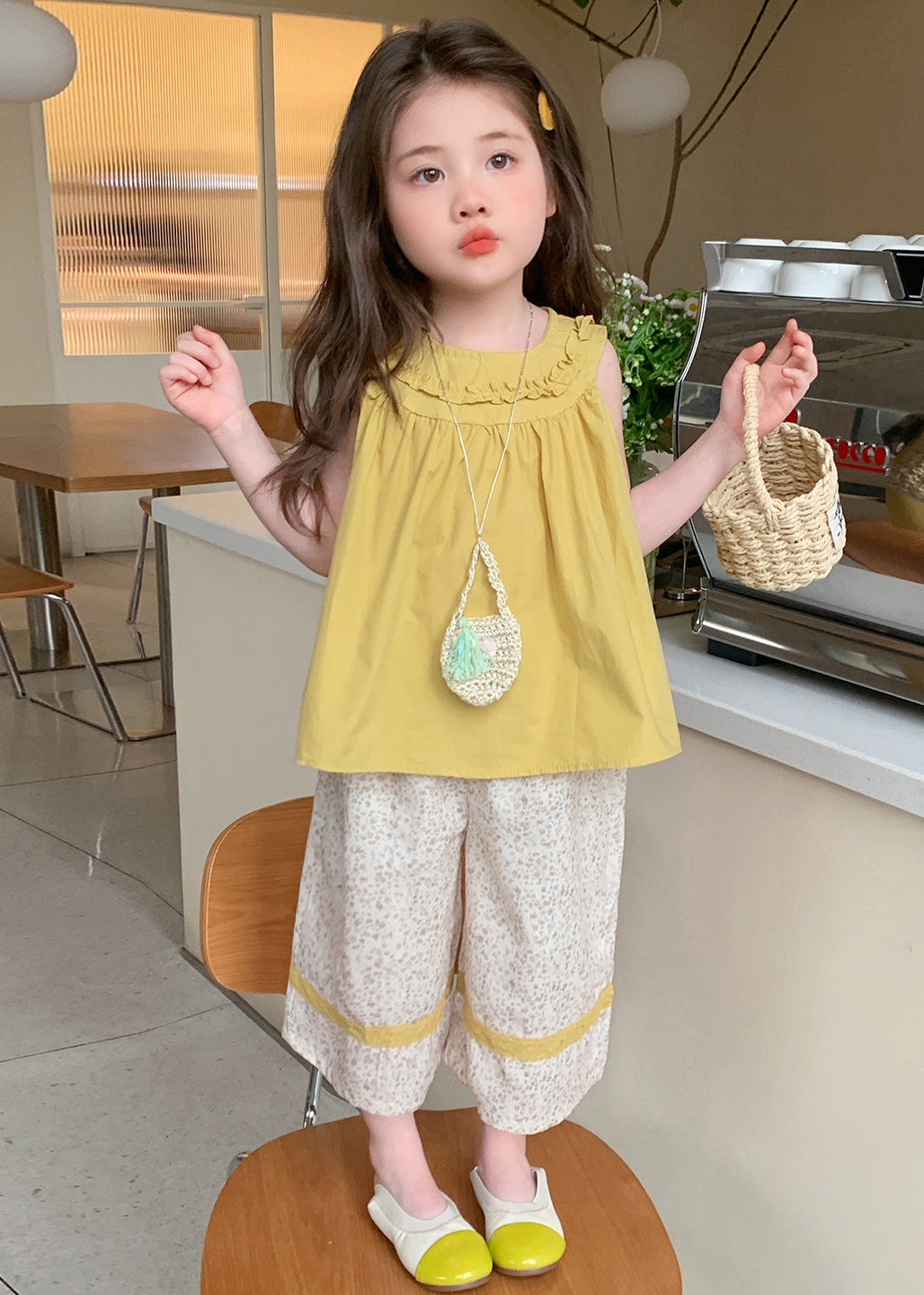 Cute Yellow Ruffled Print Cotton Kids Girls Two Piece Set Summer